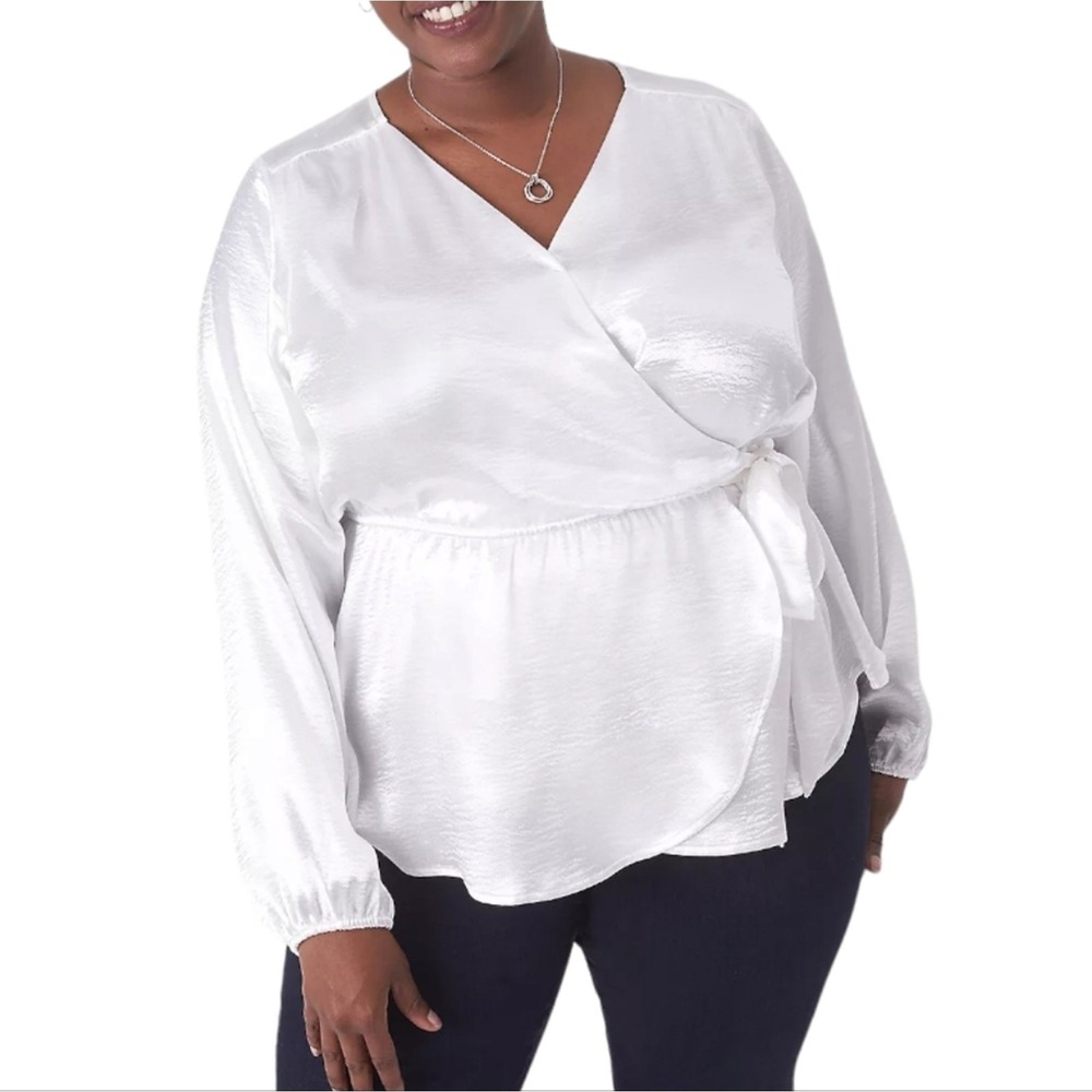 Lane Bryant Classic Long-Sleeve Surplice-Neck Belted Satin Top Plus‎ Size New 24